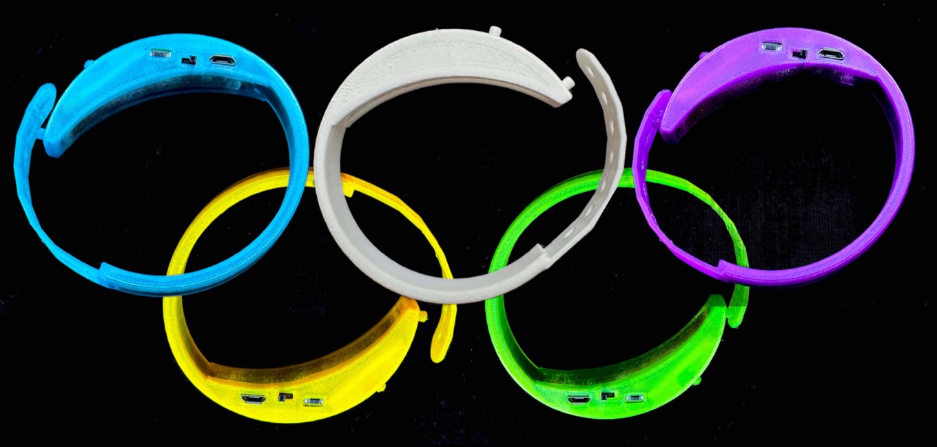 Wristbands in blue, yellow, white, green, and purple